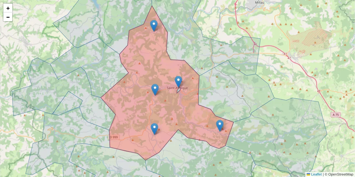 Carte de la zone du code postal  et des codes postaux voisins en France