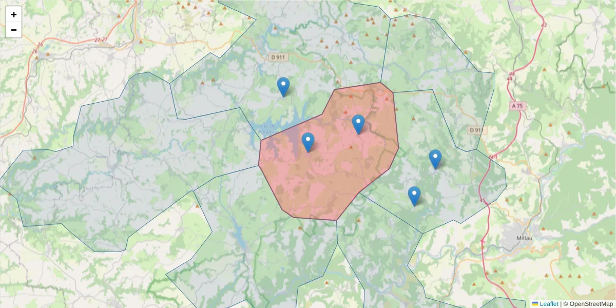 Carte de la zone du code postal  et des codes postaux voisins en France