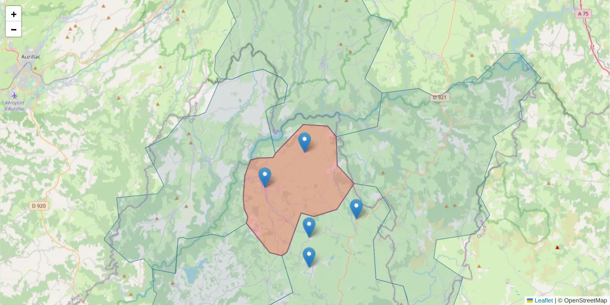 Carte de la zone du code postal  et des codes postaux voisins en France