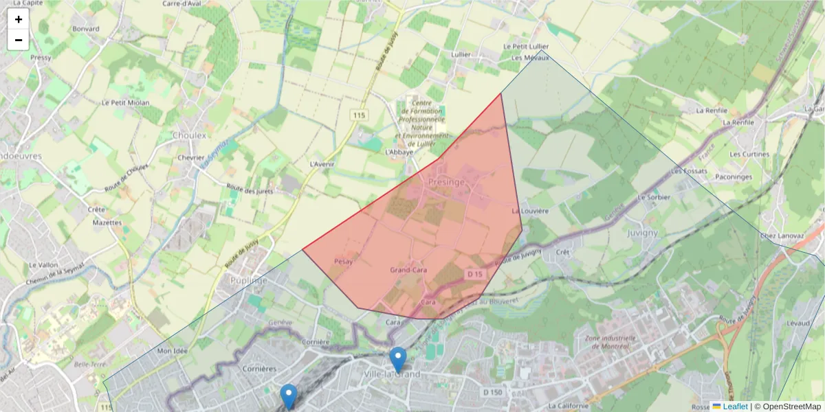 Carte de la zone du code postal  et des codes postaux voisins en France