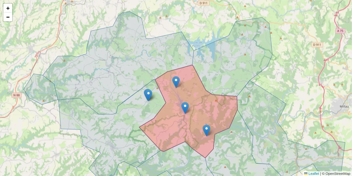 Carte de la zone du code postal  et des codes postaux voisins en France