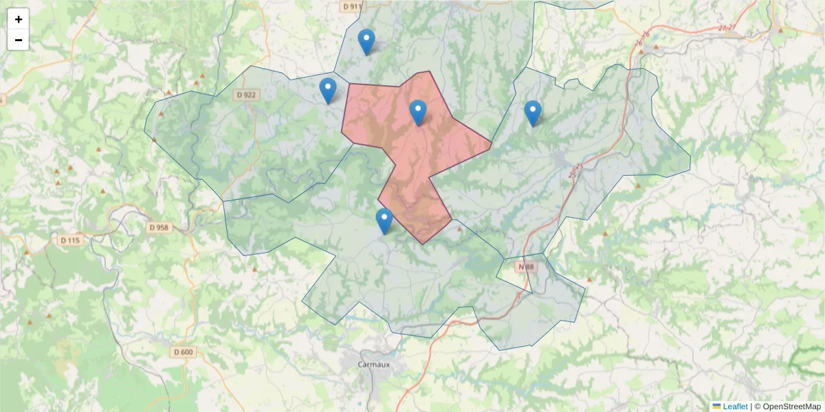 Carte de la zone du code postal  et des codes postaux voisins en France