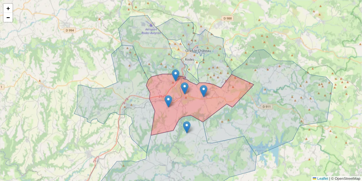 Carte de la zone du code postal  et des codes postaux voisins en France