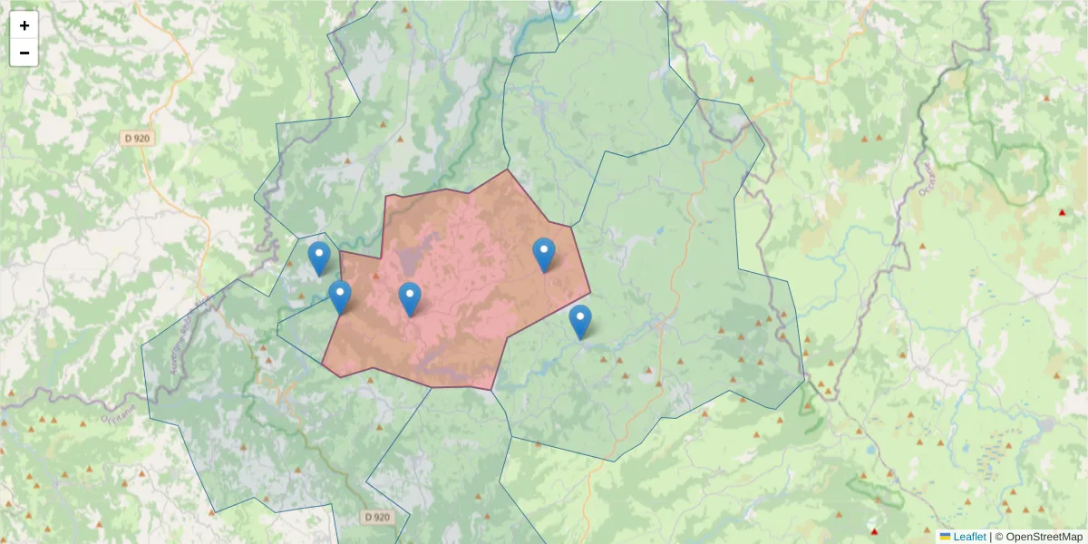 Carte de la zone du code postal  et des codes postaux voisins en France