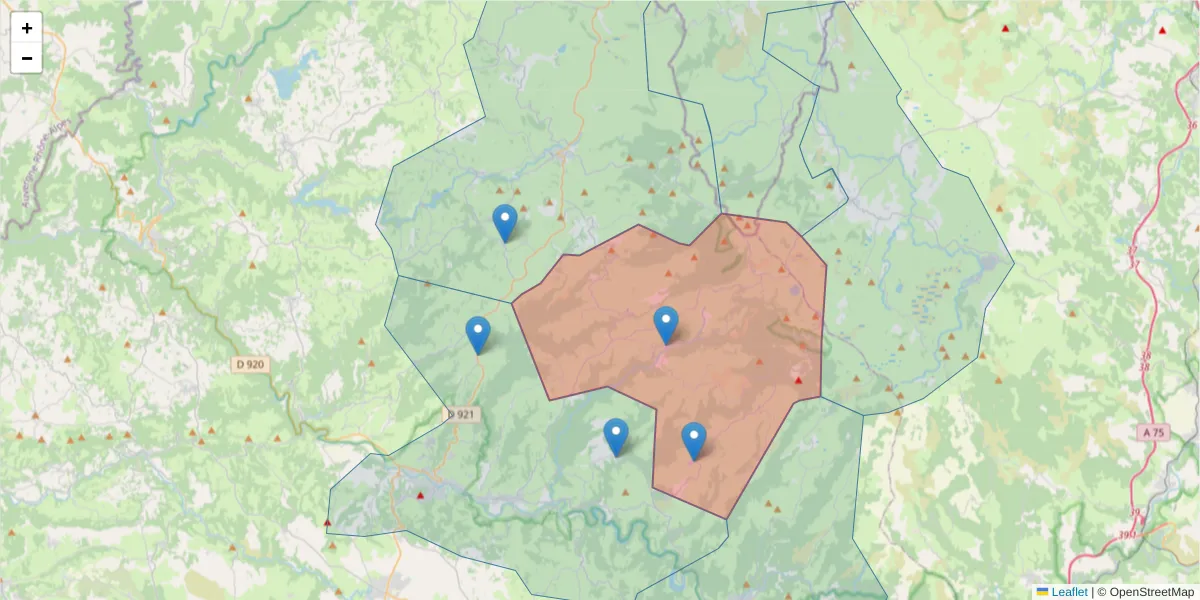 Carte de la zone du code postal  et des codes postaux voisins en France