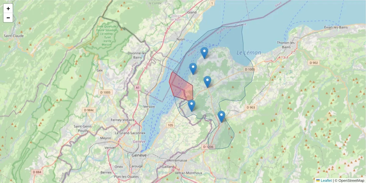 Carte de la zone du code postal  et des codes postaux voisins en France