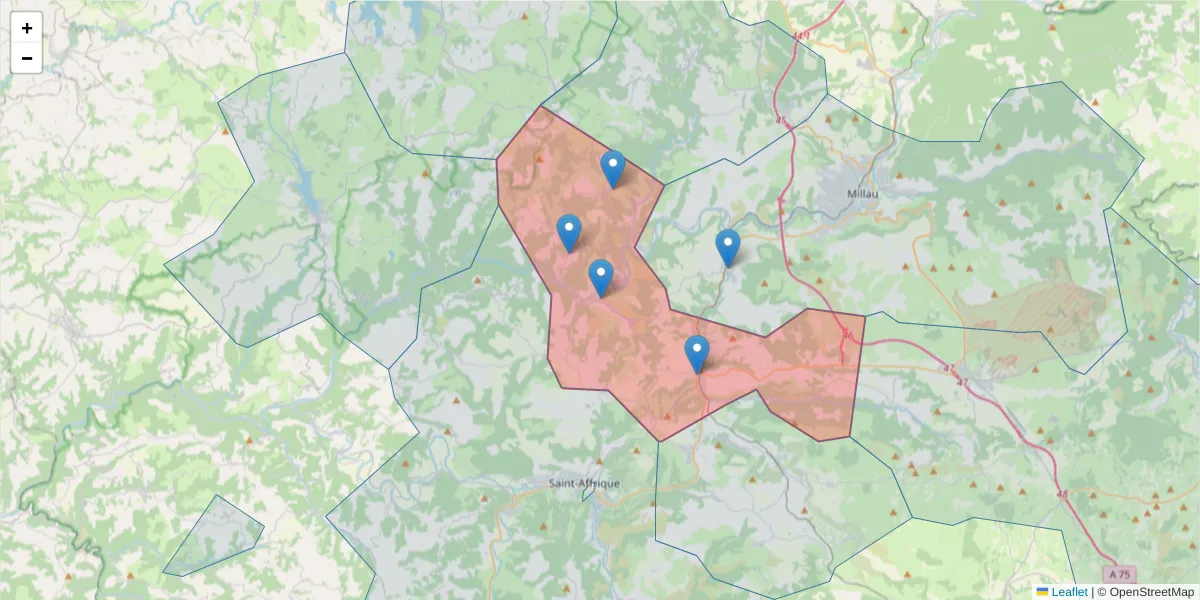 Carte de la zone du code postal  et des codes postaux voisins en France