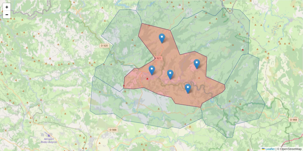 Carte de la zone du code postal  et des codes postaux voisins en France