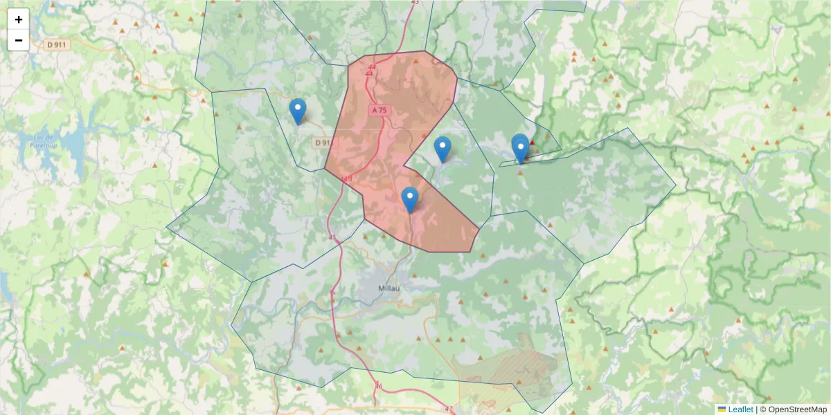 Carte de la zone du code postal  et des codes postaux voisins en France