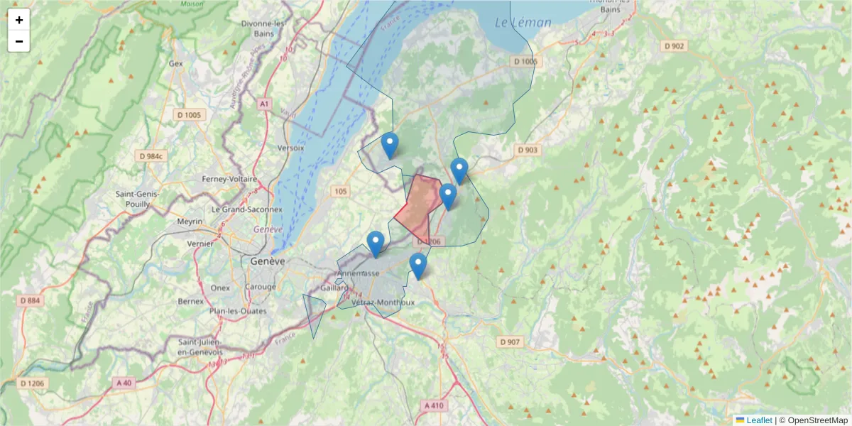 Carte de la zone du code postal  et des codes postaux voisins en France