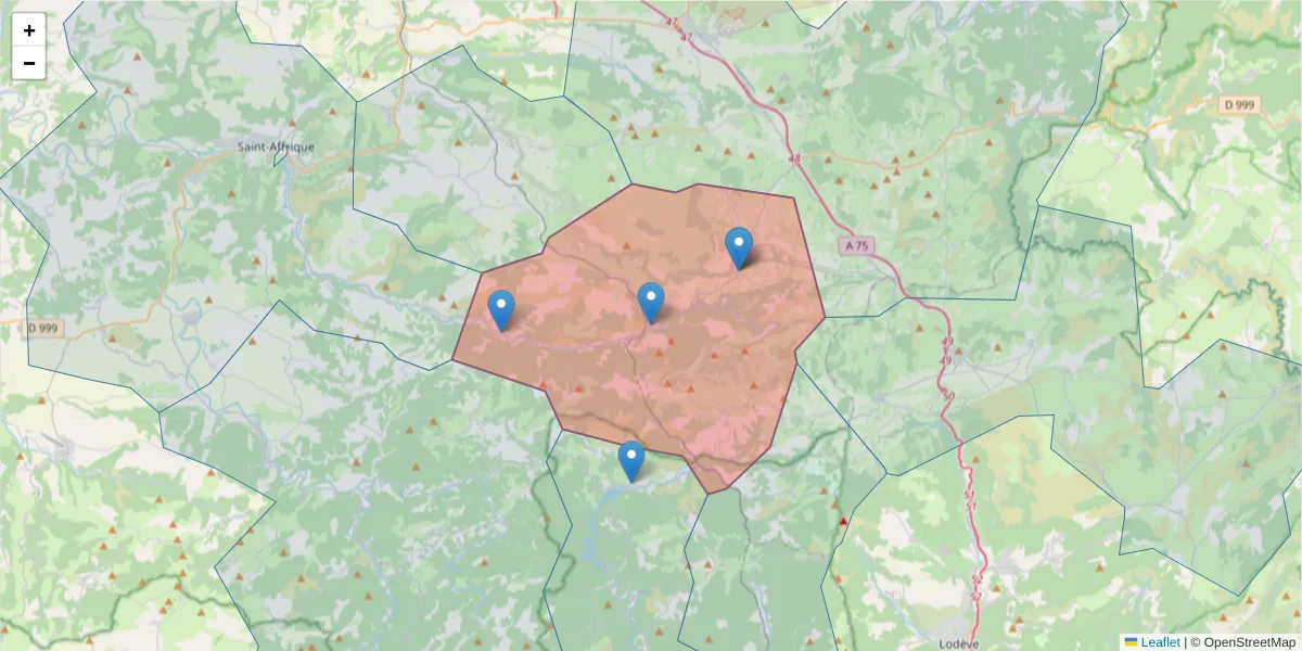 Carte de la zone du code postal  et des codes postaux voisins en France