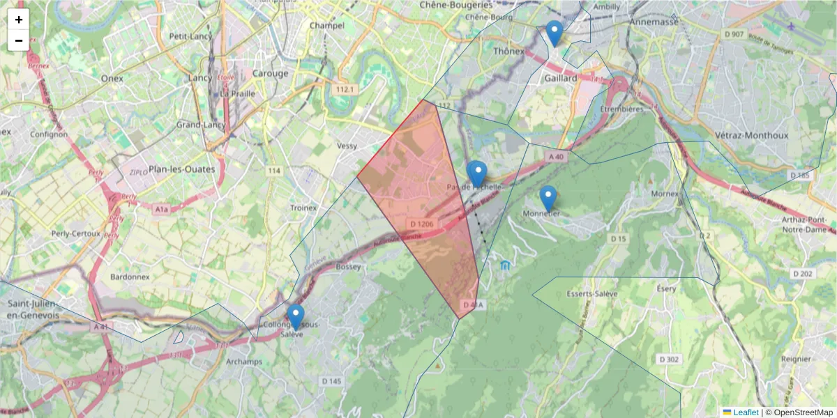 Carte de la zone du code postal  et des codes postaux voisins en France