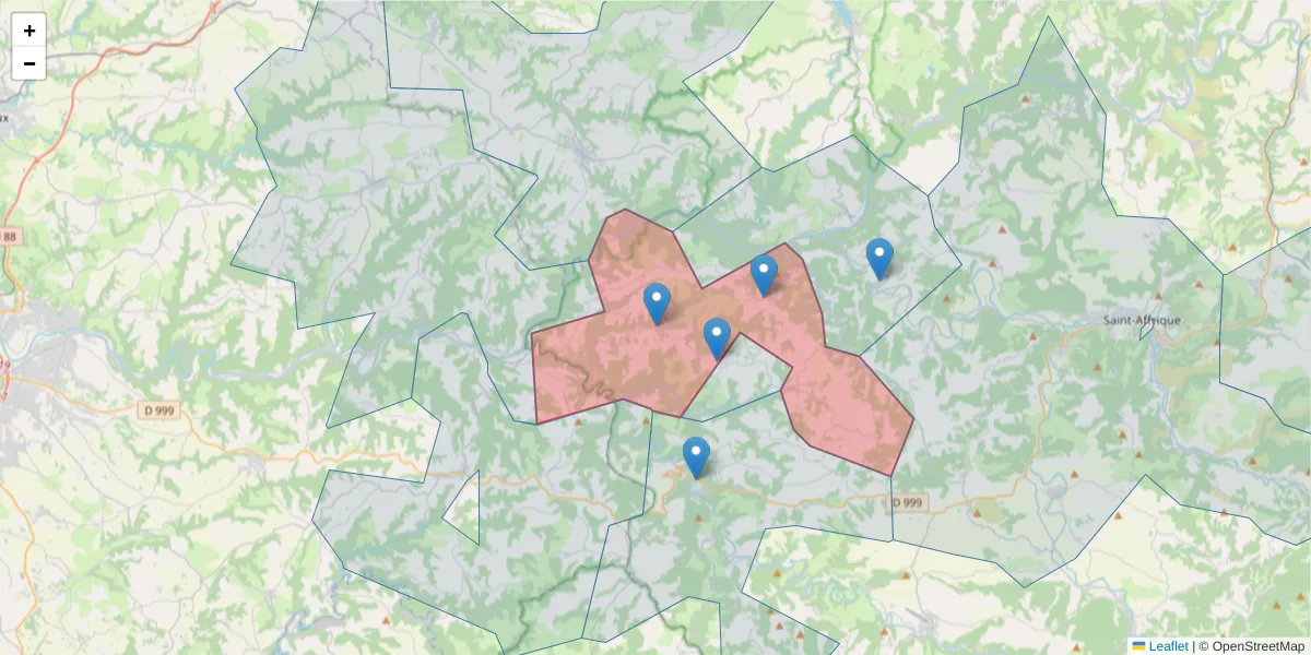 Carte de la zone du code postal  et des codes postaux voisins en France