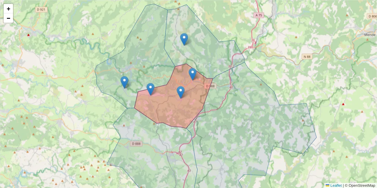 Carte de la zone du code postal  et des codes postaux voisins en France
