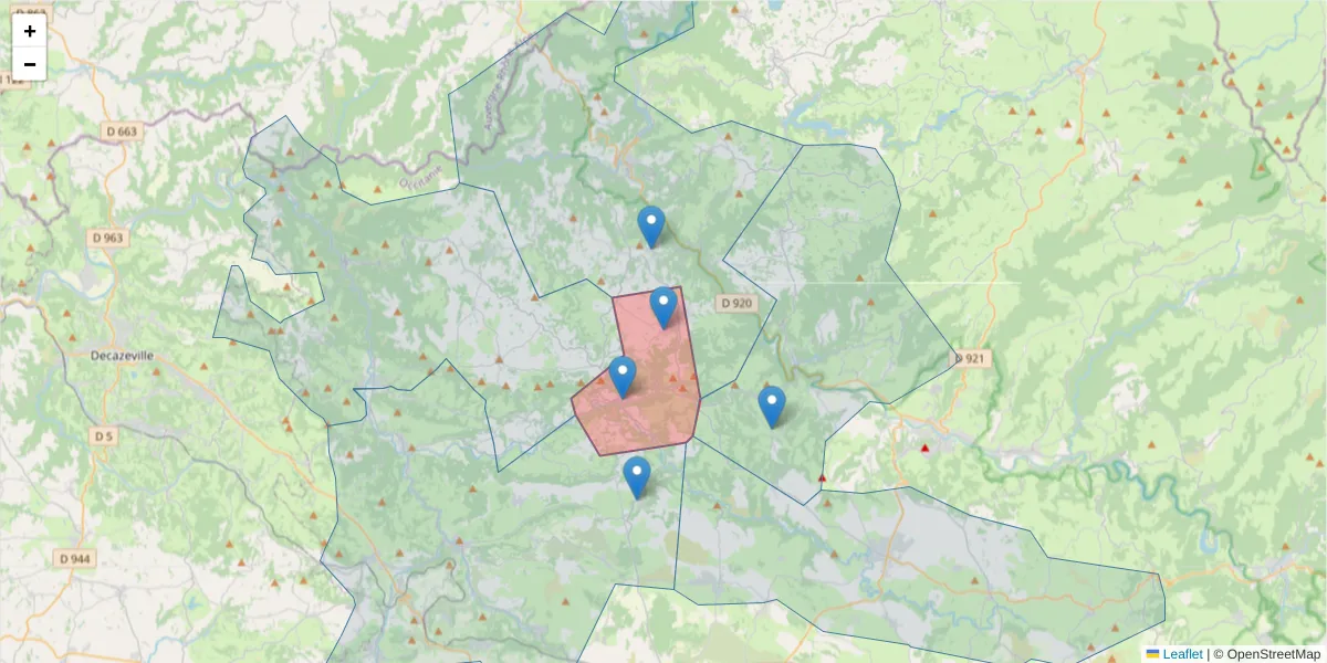 Carte de la zone du code postal  et des codes postaux voisins en France
