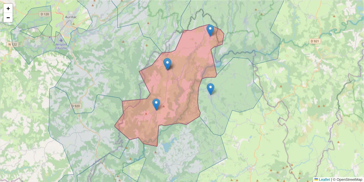 Carte de la zone du code postal  et des codes postaux voisins en France