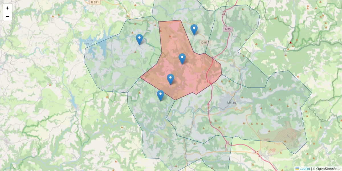 Carte de la zone du code postal  et des codes postaux voisins en France