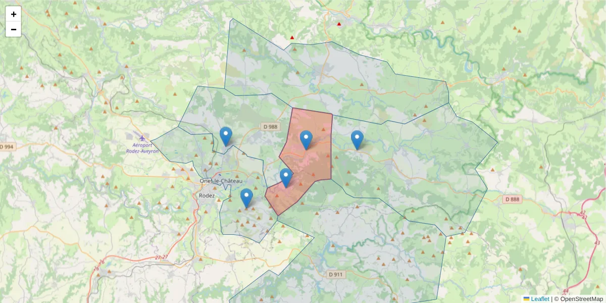 Carte de la zone du code postal  et des codes postaux voisins en France
