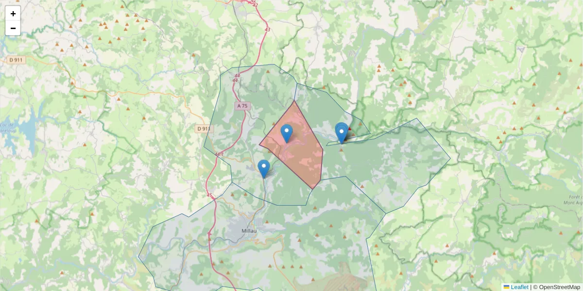Carte de la zone du code postal  et des codes postaux voisins en France