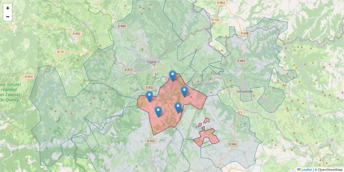 Carte de la zone du code postal  et des codes postaux voisins en France