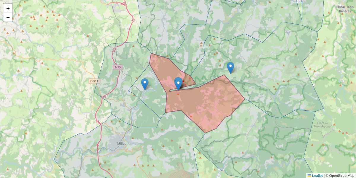 Carte de la zone du code postal  et des codes postaux voisins en France