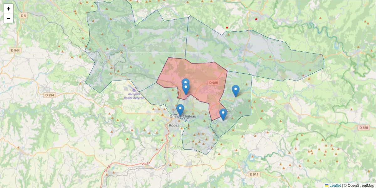 Carte de la zone du code postal  et des codes postaux voisins en France