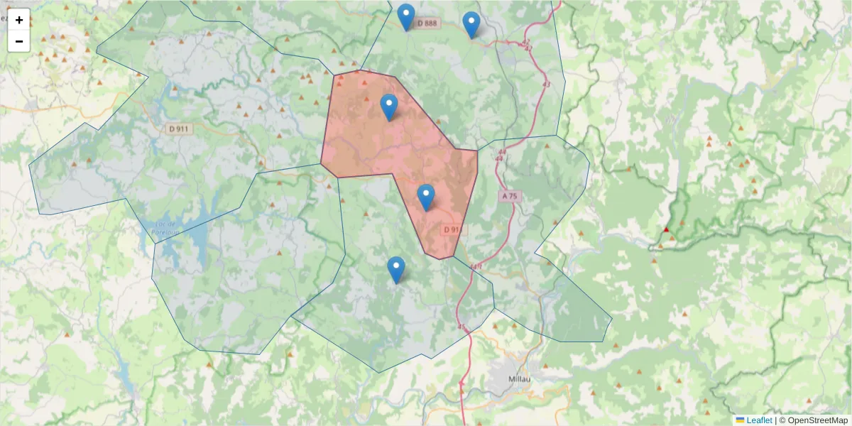 Carte de la zone du code postal  et des codes postaux voisins en France