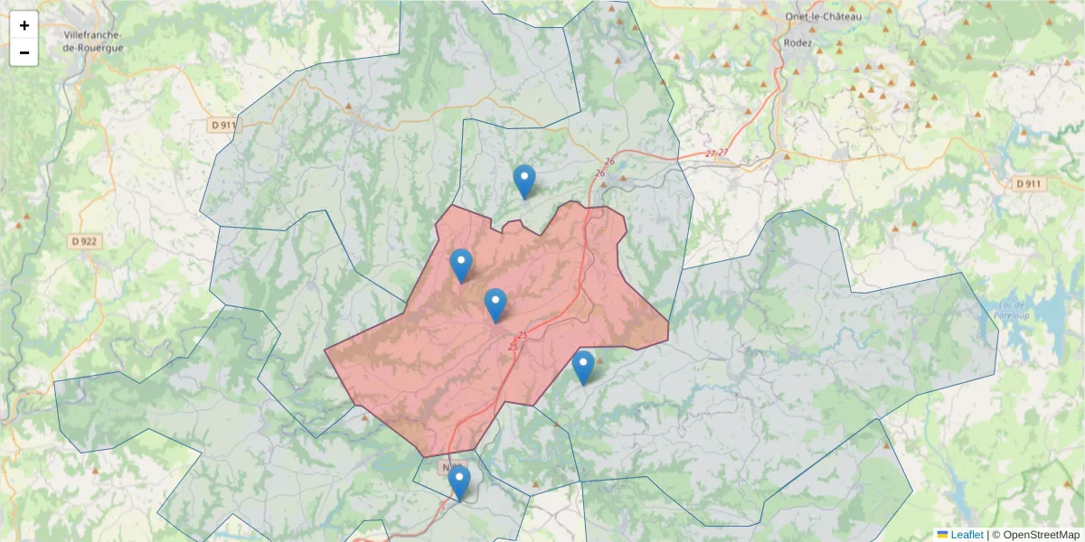 Carte de la zone du code postal  et des codes postaux voisins en France
