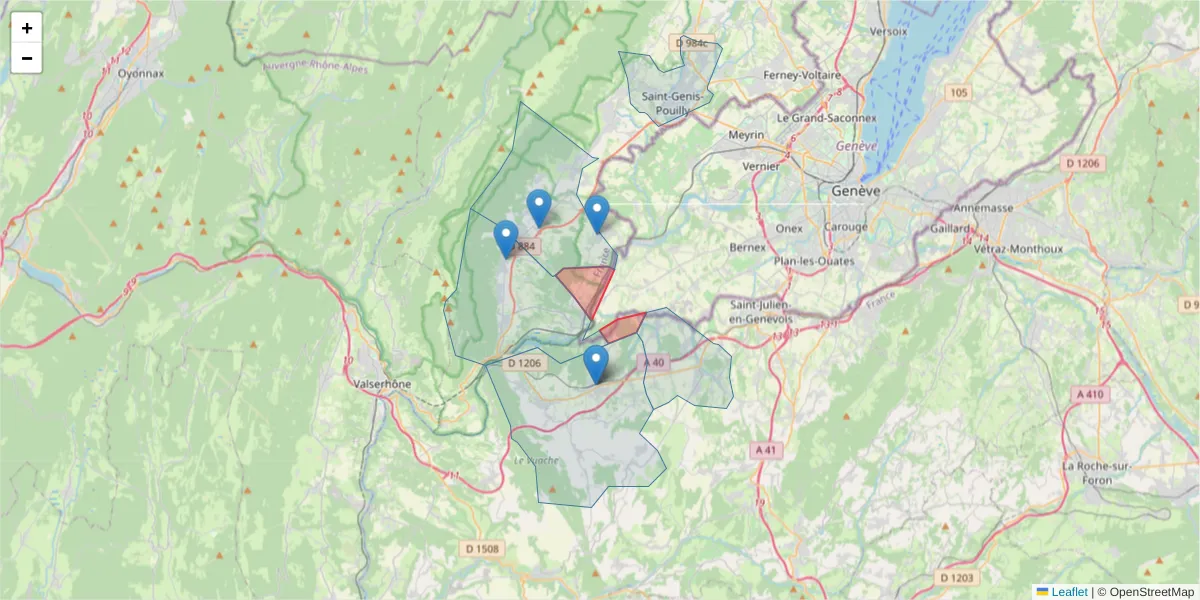 Carte de la zone du code postal  et des codes postaux voisins en France