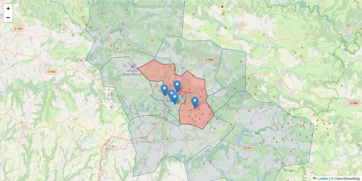 Carte de la zone du code postal  et des codes postaux voisins en France
