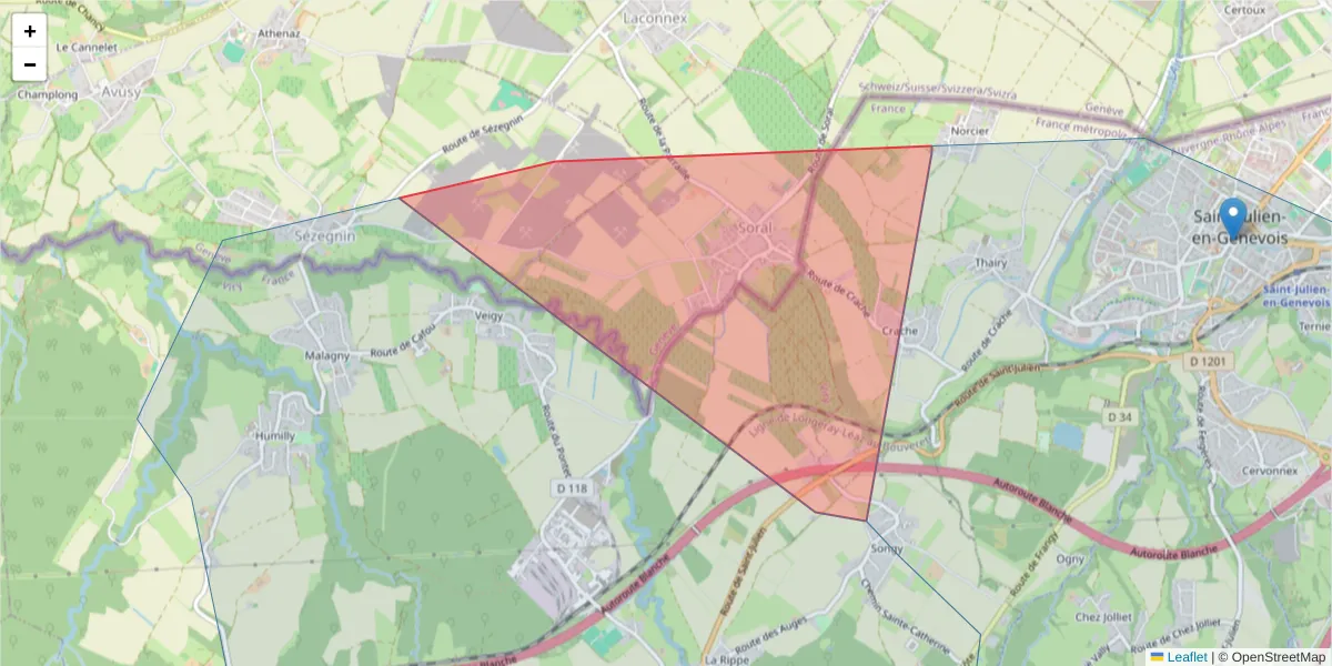 Carte de la zone du code postal  et des codes postaux voisins en France