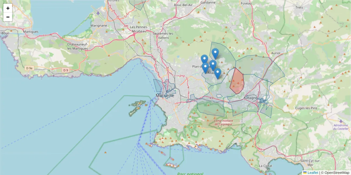 Carte de la zone du code postal  et des codes postaux voisins en France