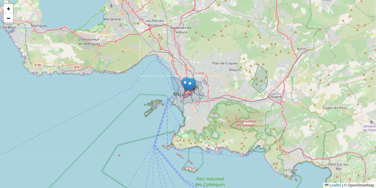 Carte de la zone du code postal  et des codes postaux voisins en France
