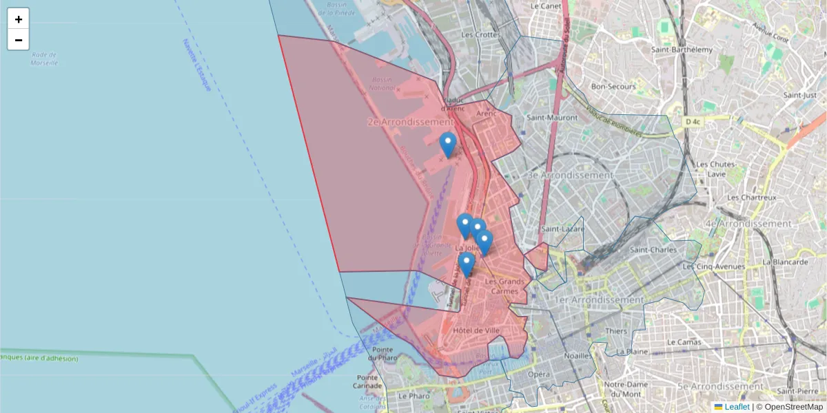 Carte de la zone du code postal  et des codes postaux voisins en France