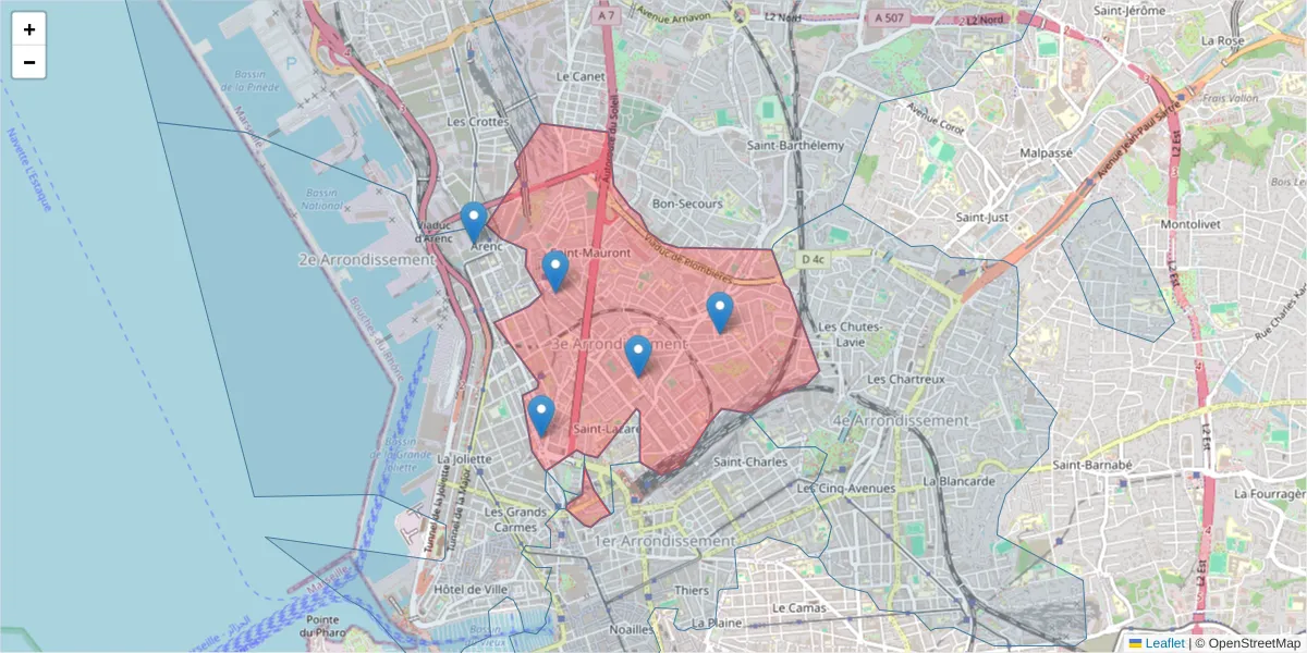 Carte de la zone du code postal  et des codes postaux voisins en France