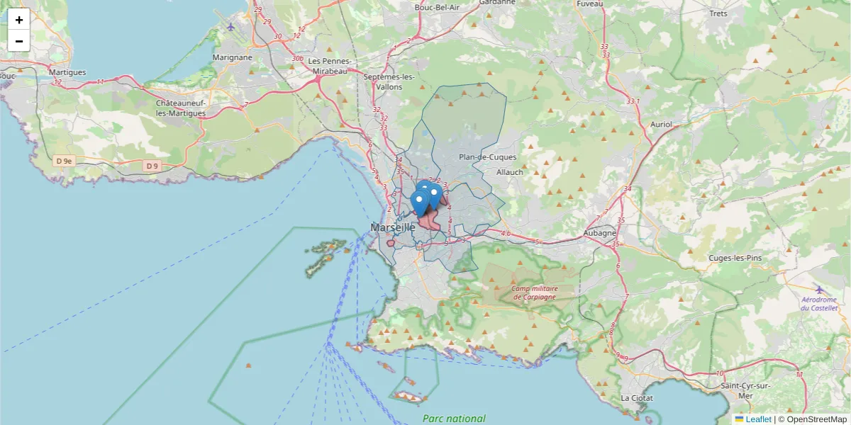 Carte de la zone du code postal  et des codes postaux voisins en France