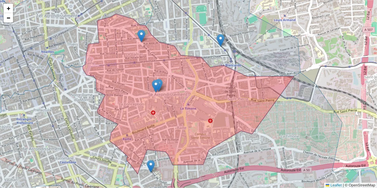 Carte de la zone du code postal  et des codes postaux voisins en France