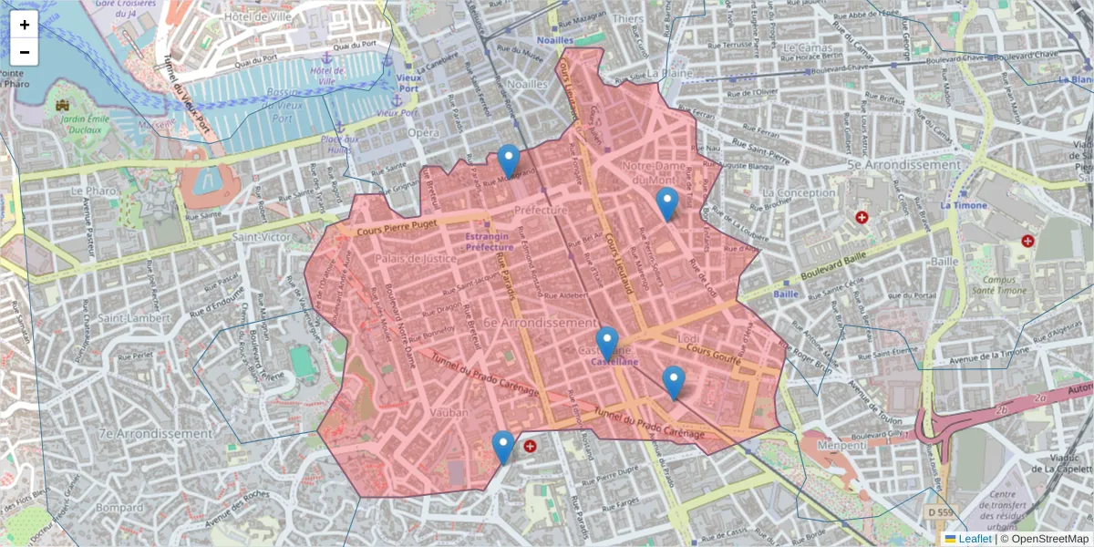 Carte de la zone du code postal  et des codes postaux voisins en France