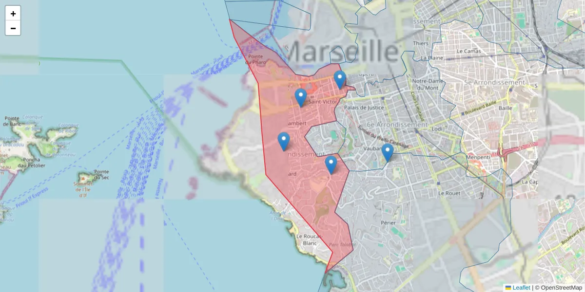Carte de la zone du code postal  et des codes postaux voisins en France