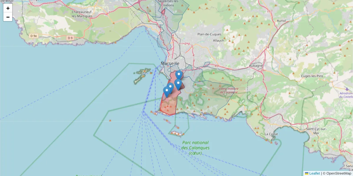 Carte de la zone du code postal  et des codes postaux voisins en France