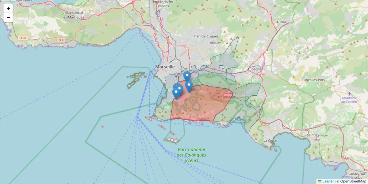Carte de la zone du code postal  et des codes postaux voisins en France