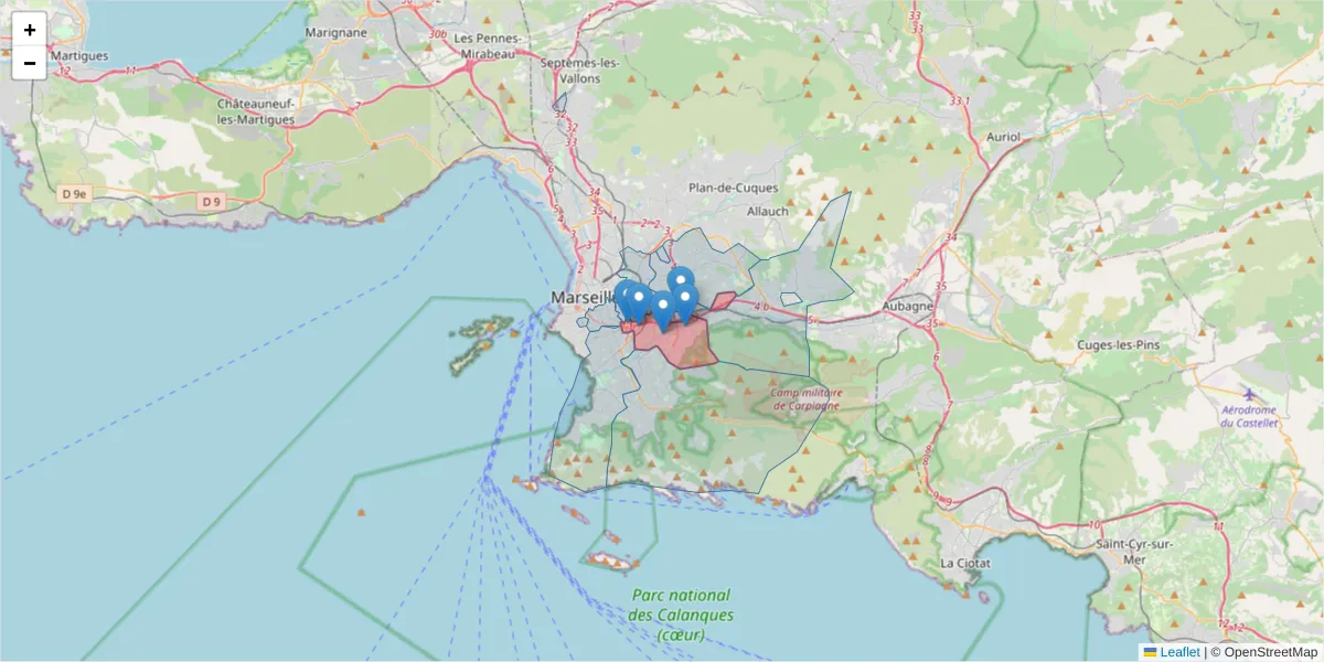 Carte de la zone du code postal  et des codes postaux voisins en France