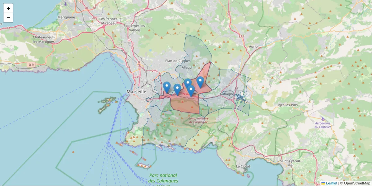 Carte de la zone du code postal  et des codes postaux voisins en France