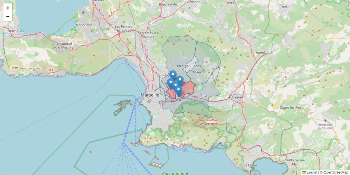Carte de la zone du code postal  et des codes postaux voisins en France