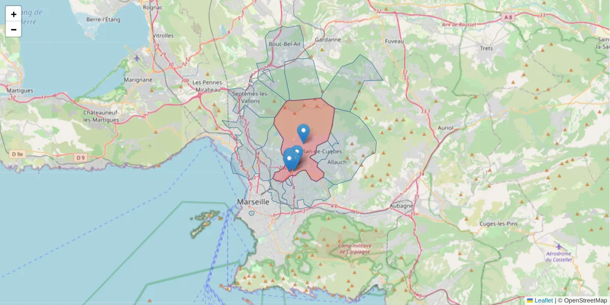Carte de la zone du code postal  et des codes postaux voisins en France