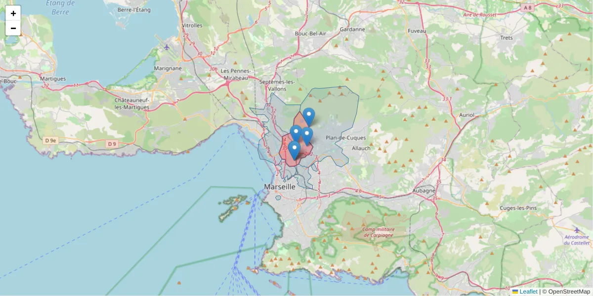 Carte de la zone du code postal  et des codes postaux voisins en France
