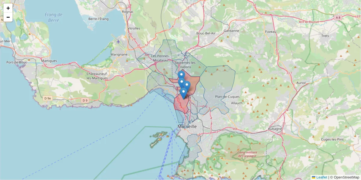 Carte de la zone du code postal  et des codes postaux voisins en France