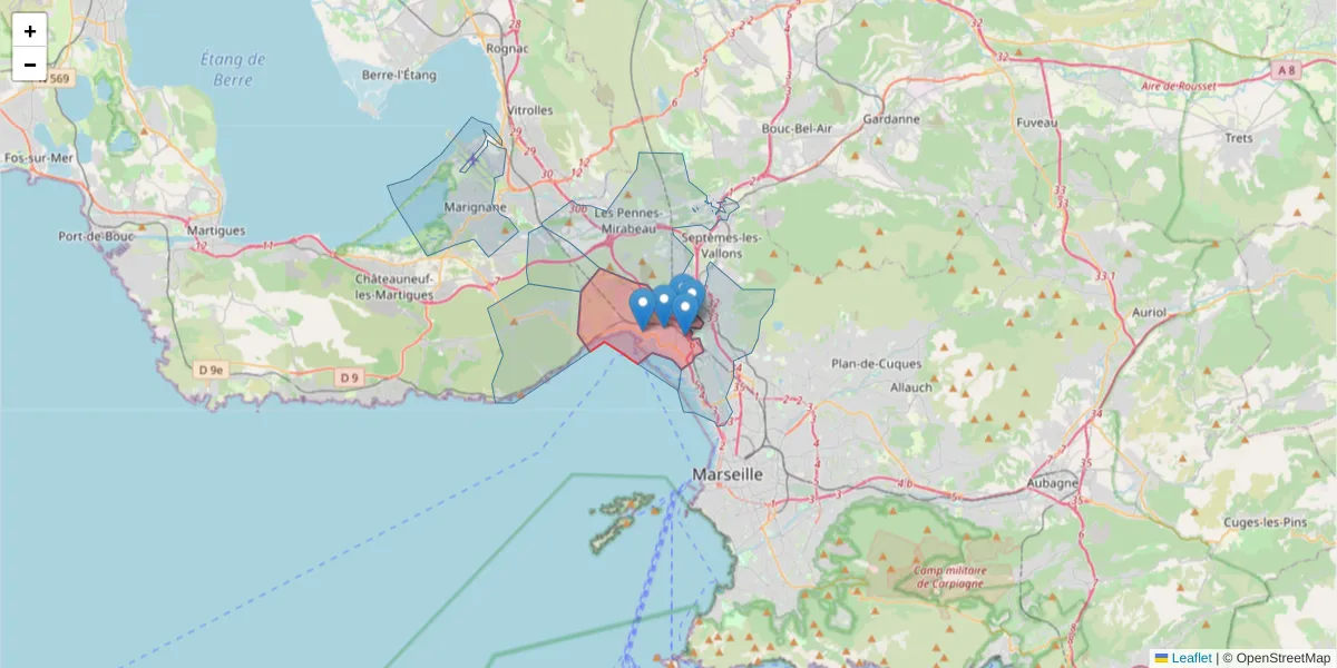 Carte de la zone du code postal  et des codes postaux voisins en France