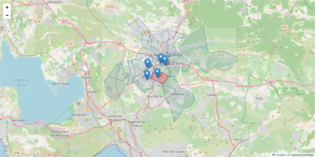 Carte de la zone du code postal  et des codes postaux voisins en France