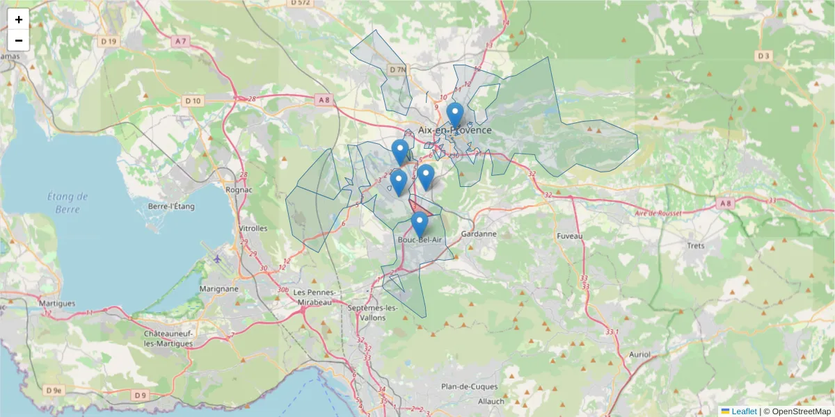 Carte de la zone du code postal  et des codes postaux voisins en France